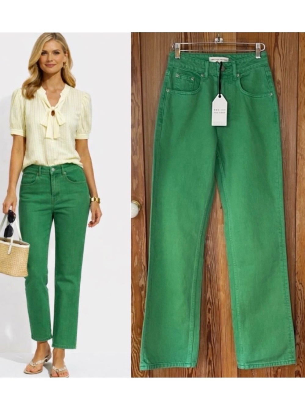 NWT English Factory Kelly Green Denim High Waist Straight Leg Jeans - Sz XS